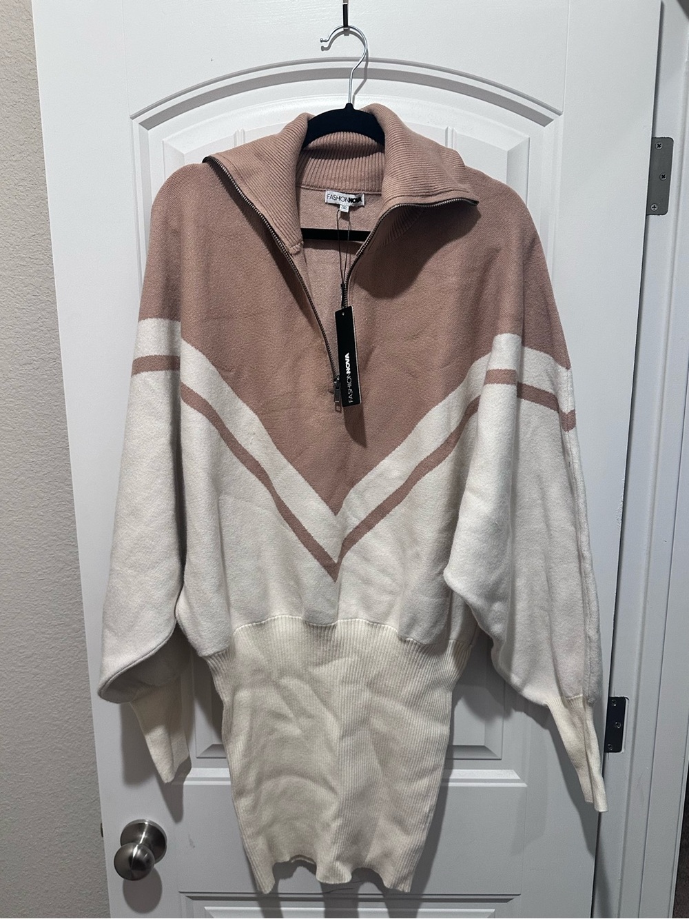 Fashion Nova Tan & Cream Chevron Half-Zip Sweater Dress